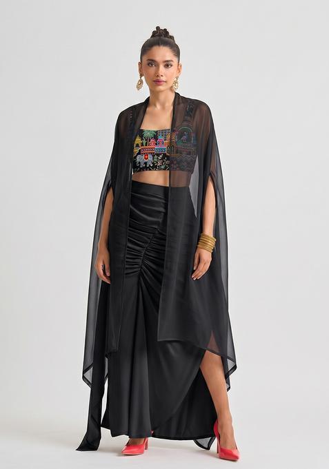 Black Embroidered Crepe Fusion Set