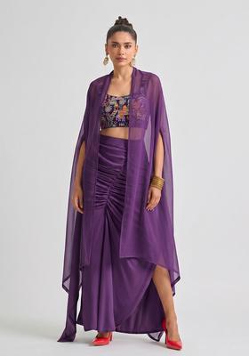 Purple Embroidered Crepe Fusion Set