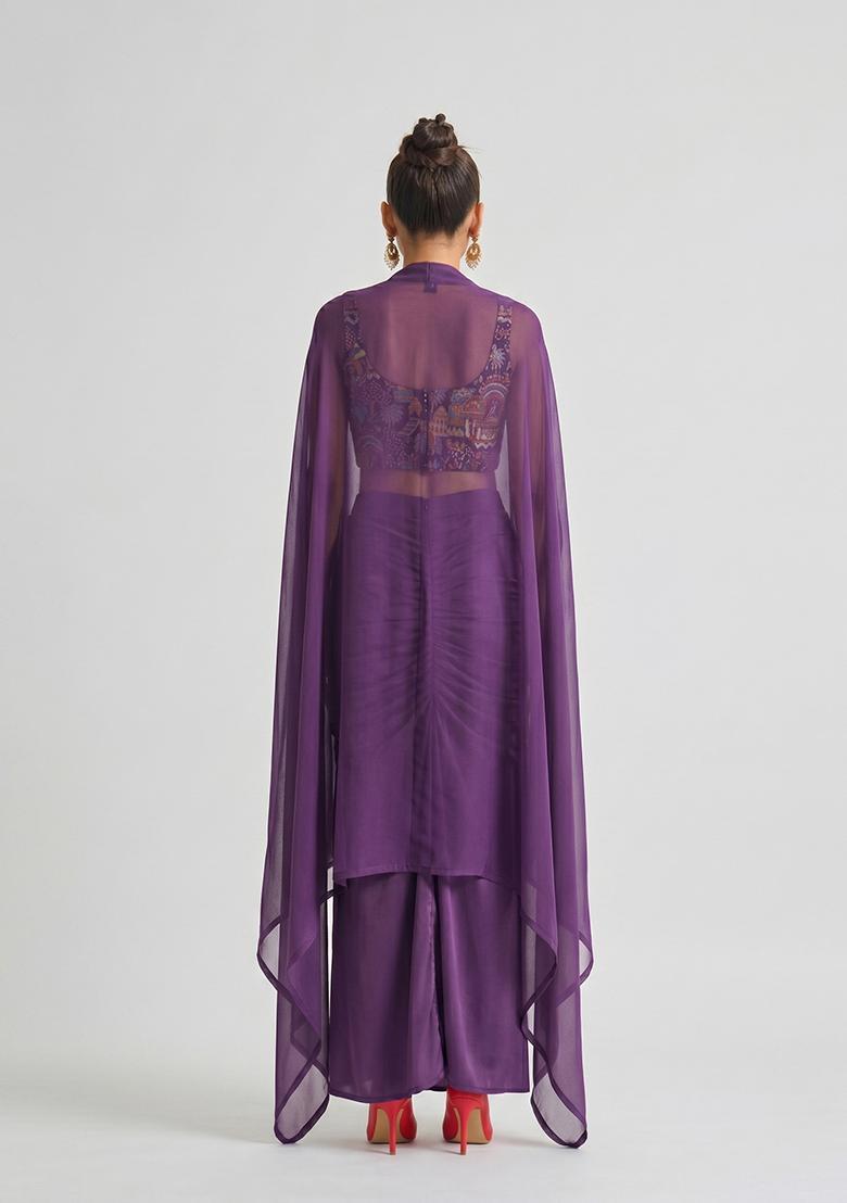 Purple Embroidered Crepe Fusion Set - Indya