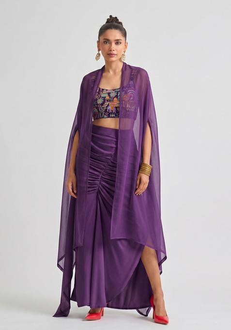 Purple Silk Blend Embroidered Fusion Set