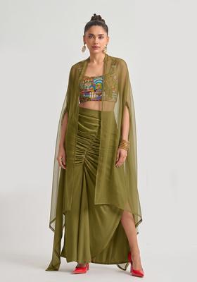 Olive Green Embroidered Crepe Fusion Set