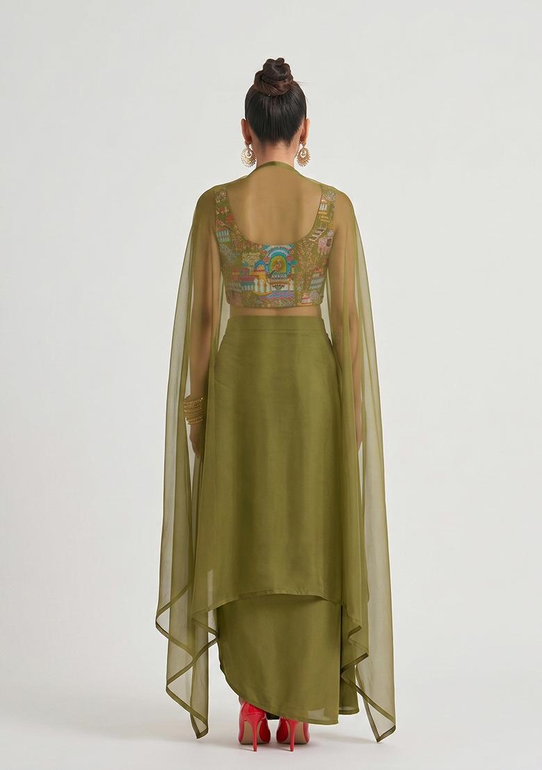 Olive Green Embroidered Crepe Fusion Set - Indya