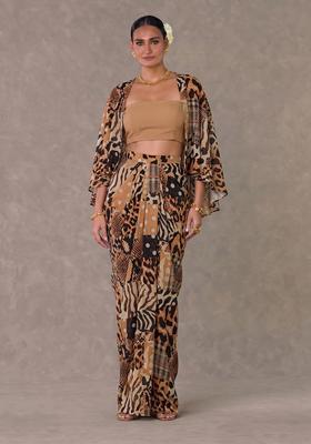 Tan Brown Printed Georgette Fusion Set