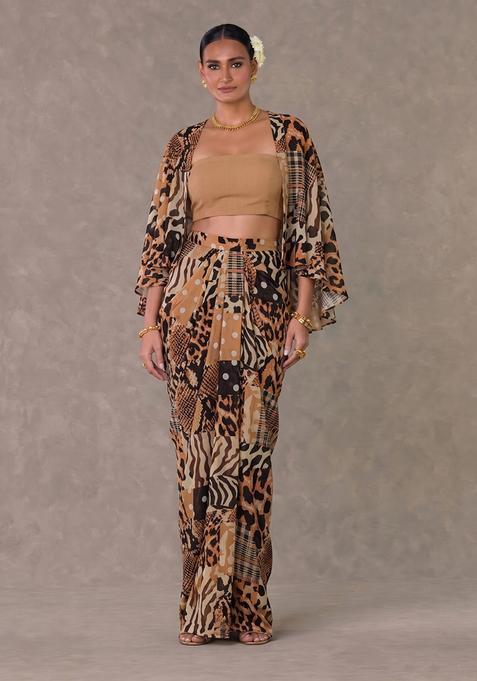 Tan Brown Printed Georgette Fusion Set
