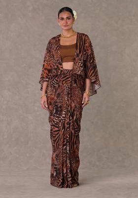 Brown Printed Georgette Fusion Set