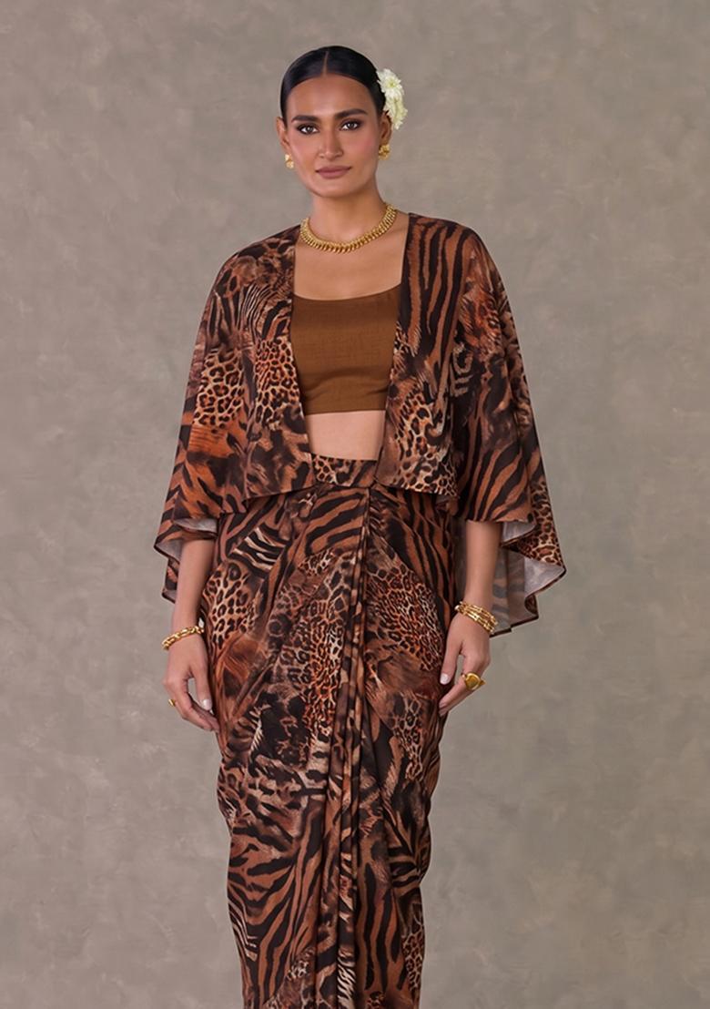 Brown Printed Georgette Fusion Set - Indya