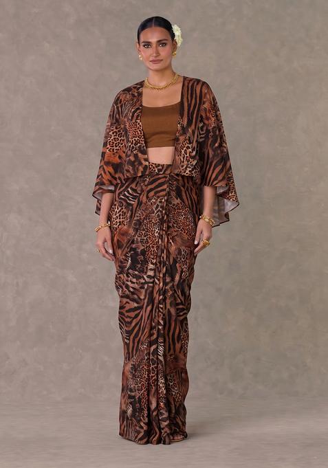 Brown Printed Georgette Fusion Set