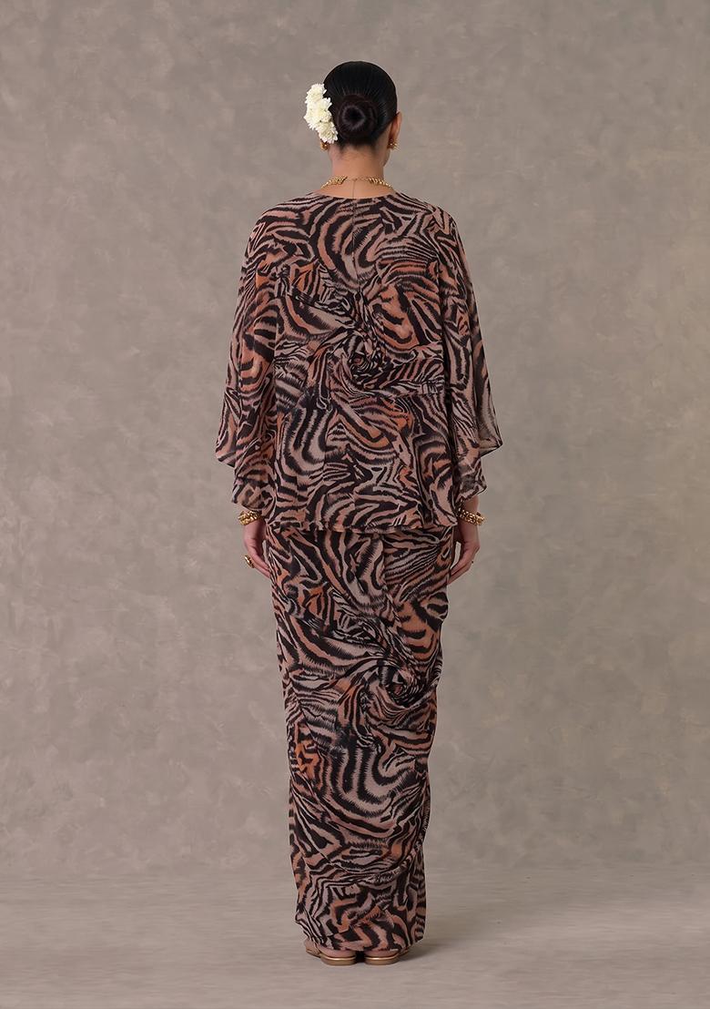 Rust Brown Printed Georgette Fusion Set - Indya