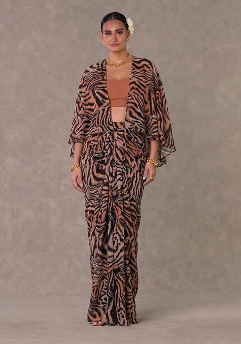 Rust Brown Crepe Printed Fusion Set
