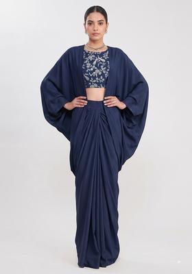 Navy Blue Printed Crepe Fusion Set