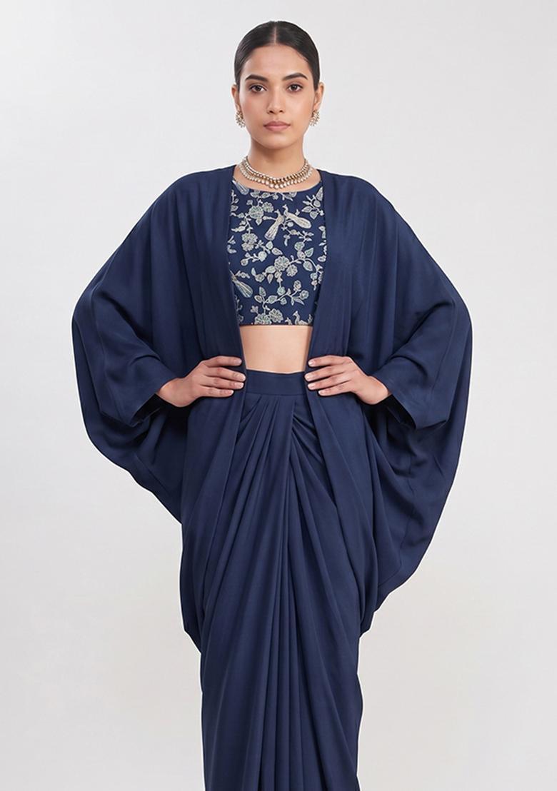 Navy Blue Printed Crepe Fusion Set - Indya