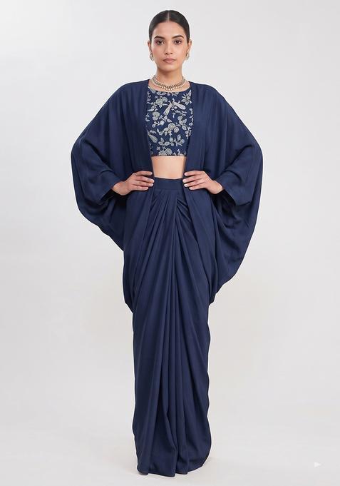 Navy Blue Printed Crepe Fusion Set