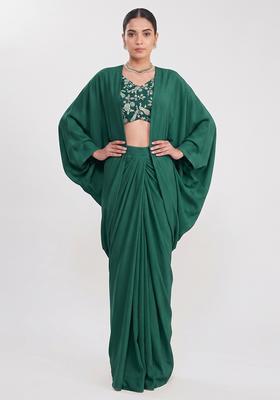 Bottle Green Printed Crepe Fusion Set