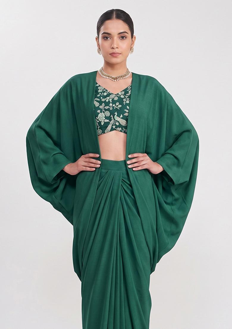 Bottle Green Printed Crepe Fusion Set - Indya
