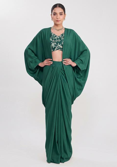 Bottle Green Silk Blend Embroidered Pre Draped Saree Set