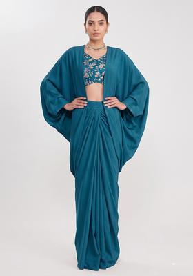 Teal Printed Crepe Fusion Set