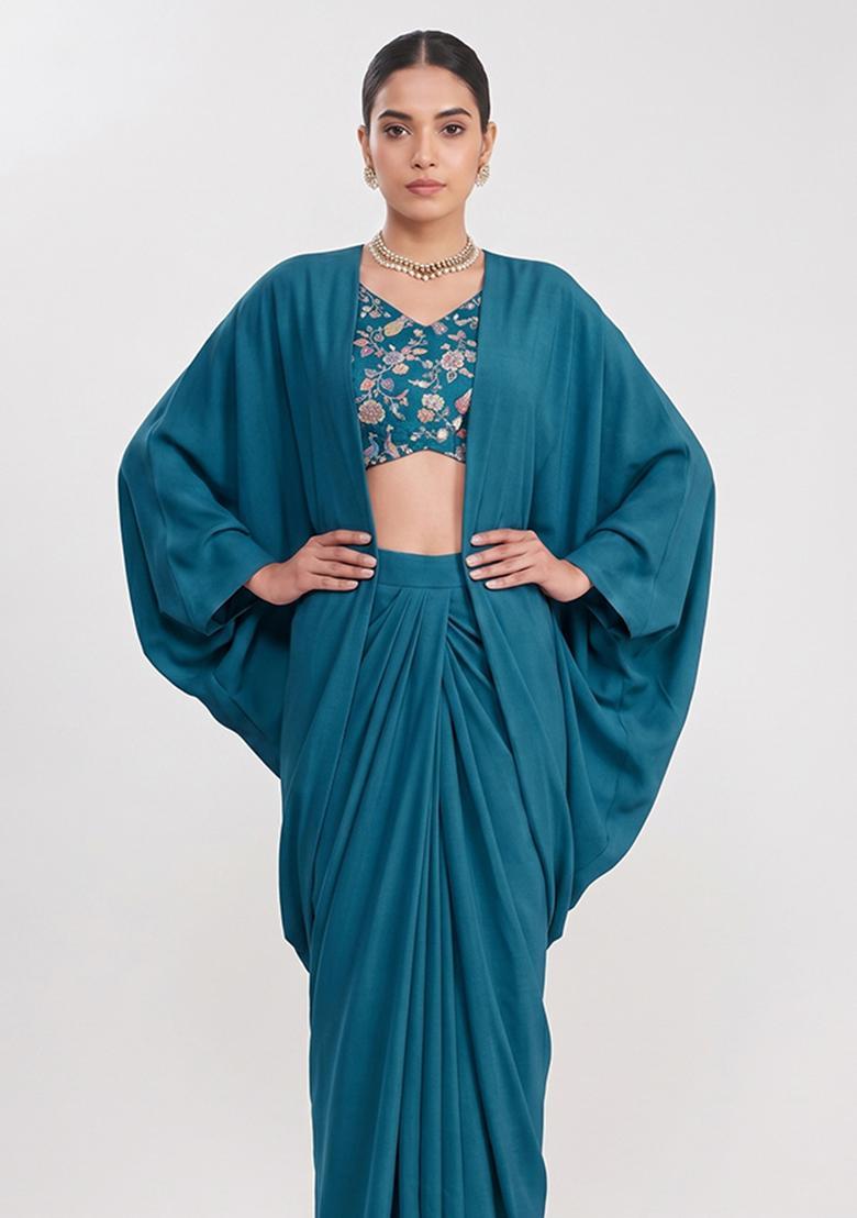 Teal Printed Crepe Fusion Set - Indya