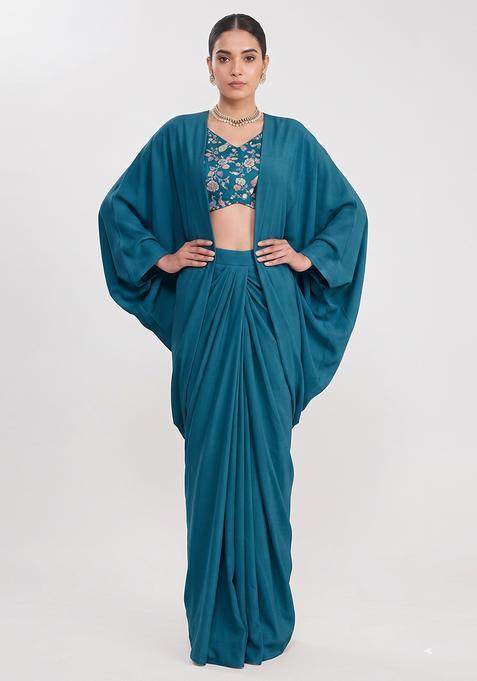 Teal Printed Crepe Fusion Set