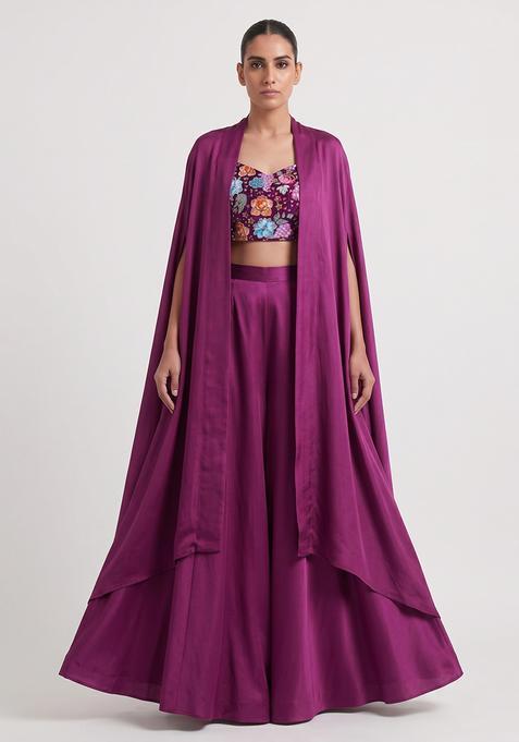 Purple Silk Blend Embroidered Fusion Set