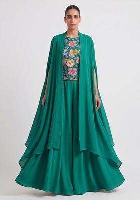 Emerald Green Printed Crepe Fusion Set
