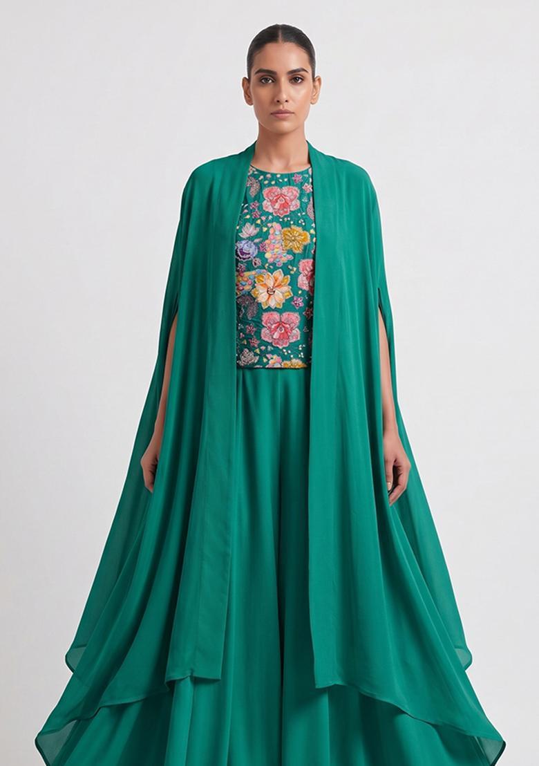 Emerald Green Printed Crepe Fusion Set - Indya