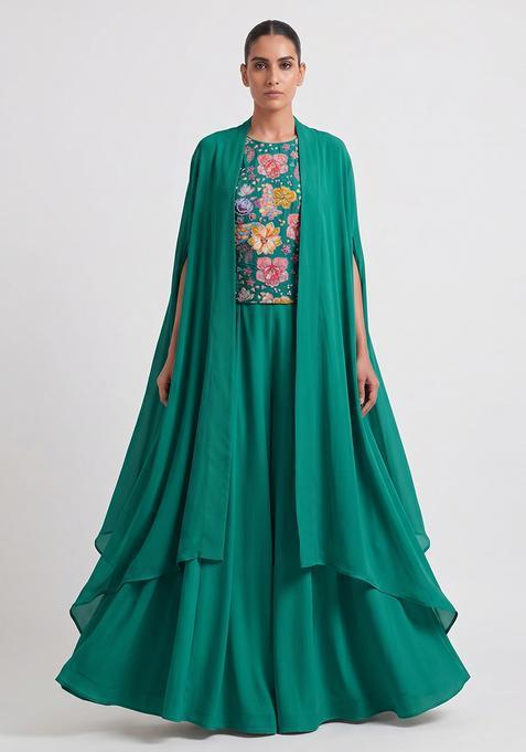 Emerald Green Printed Crepe Fusion Set