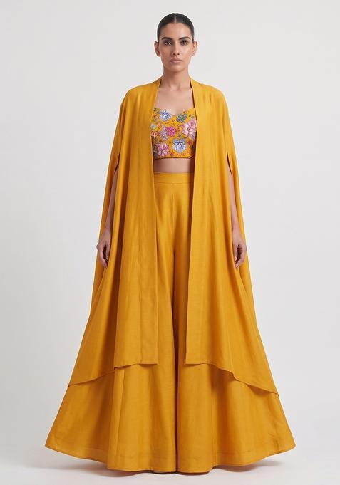 Mustard Silk Blend Embroidered Fusion Set