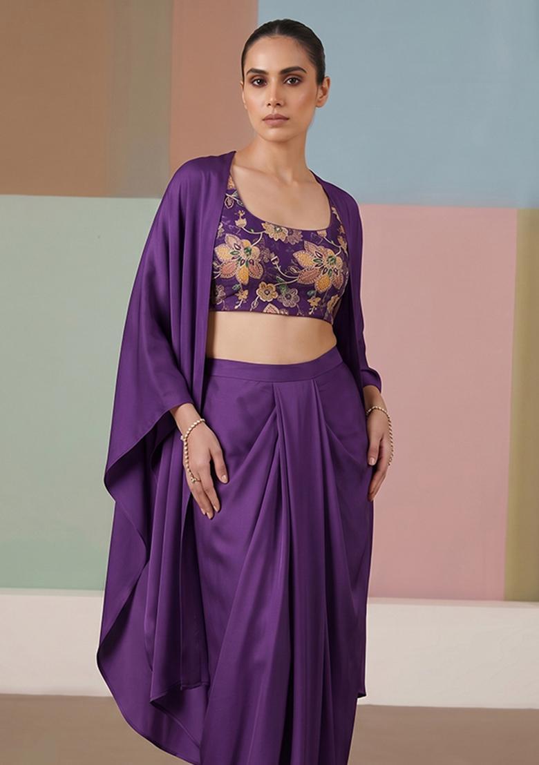 Purple Printed Organza Fusion Set - Indya