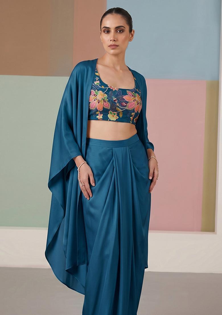 Teal Printed Organza Fusion Set - Indya