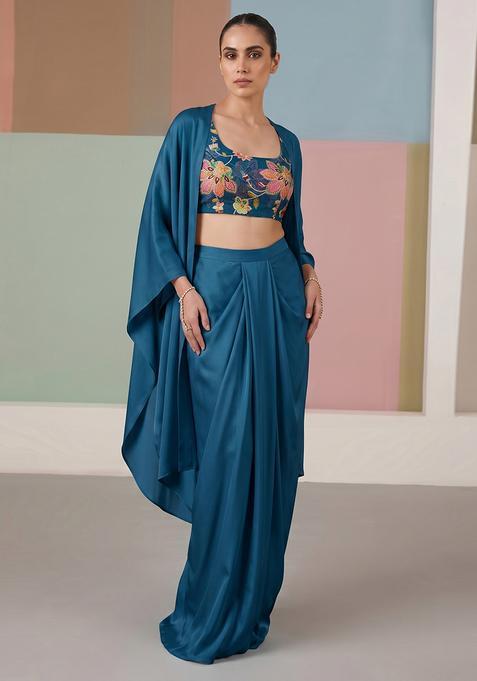 Teal Printed Organza Fusion Set