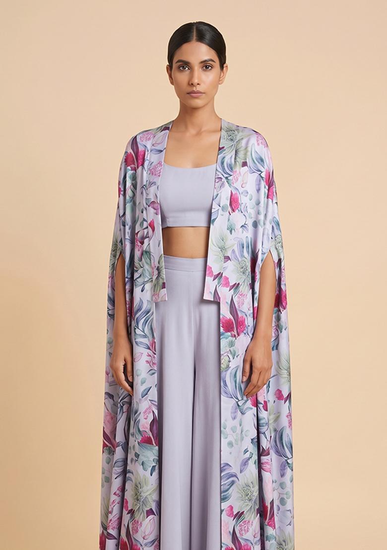 Lavender Printed Satin Fusion Set - Indya