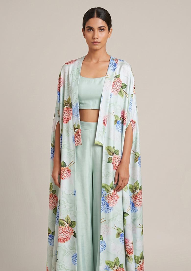 Mint Green Printed Satin Fusion Set - Indya