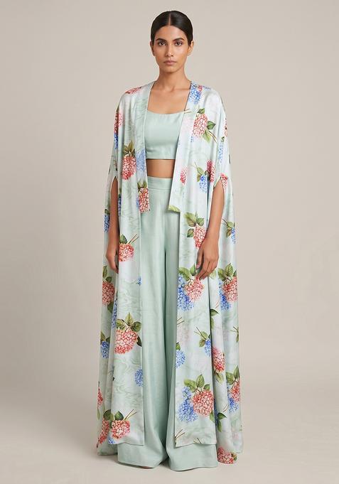 Mint Green Silk Blend Floral Print Fusion Set