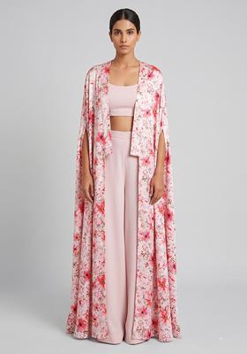 Blush Pink Printed Satin Fusion Set