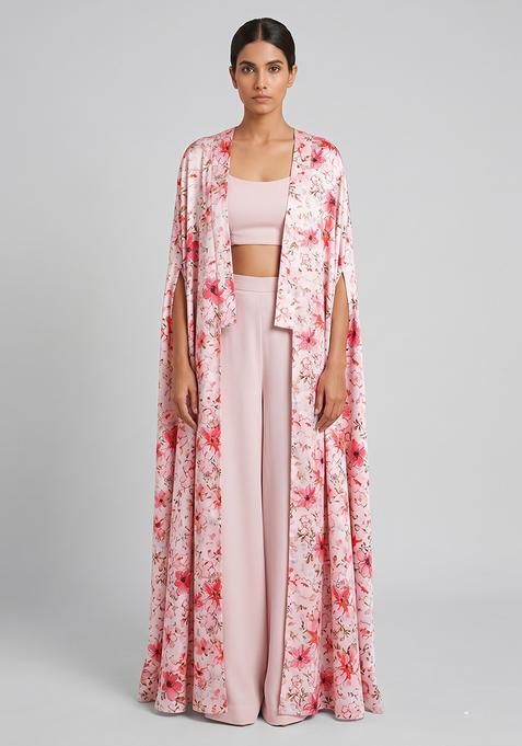 Blush Pink Silk Blend Floral Print Fusion Set