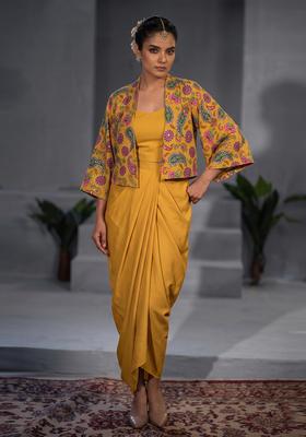 Mustard Printed Crepe Fusion Set