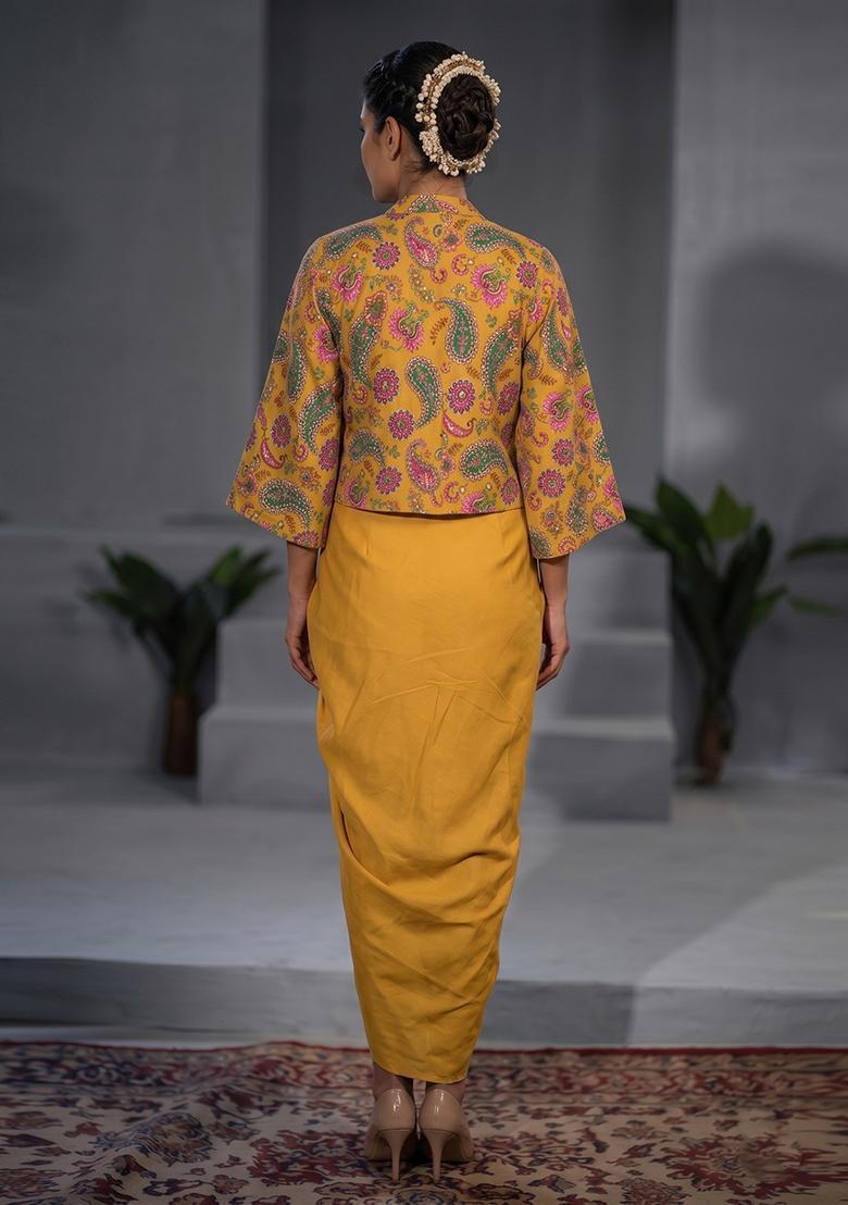 Mustard Printed Crepe Fusion Set - Indya