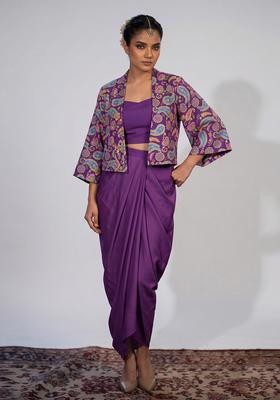 Purple Printed Crepe Fusion Set