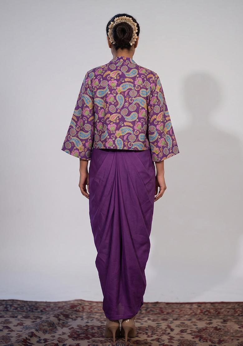 Purple Printed Crepe Fusion Set - Indya