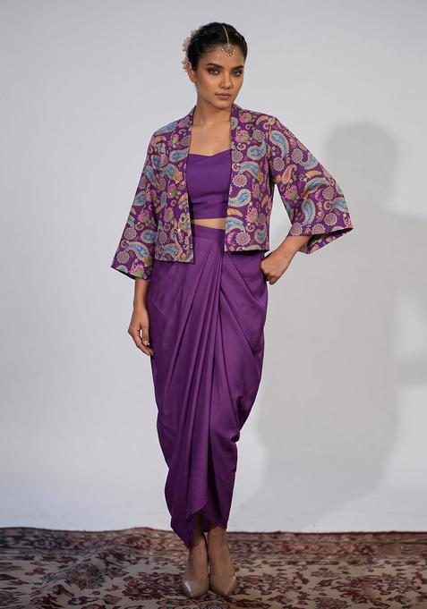 Purple Printed Crepe Fusion Set