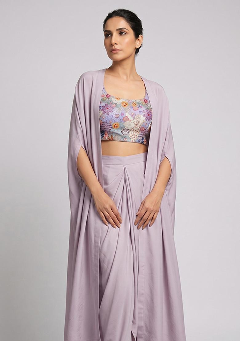 Lilac Printed Crepe Fusion Set - Indya
