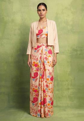 Peach Printed Georgette Fusion Set