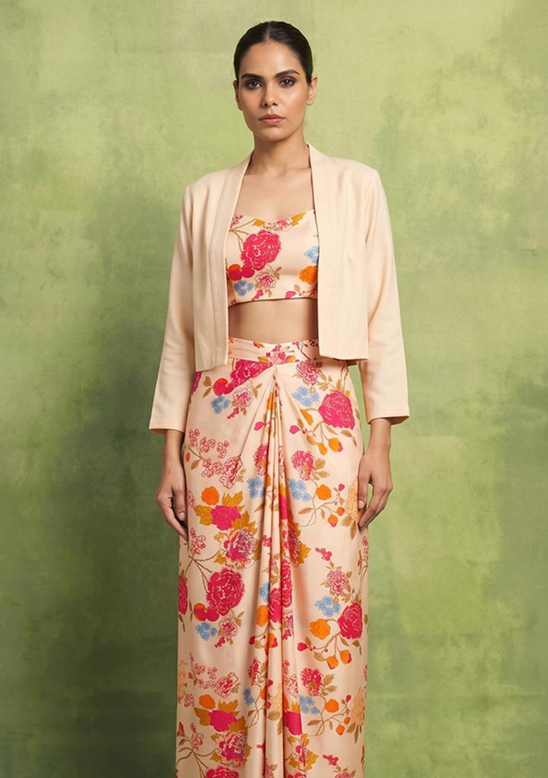 Peach Printed Georgette Fusion Set - Indya