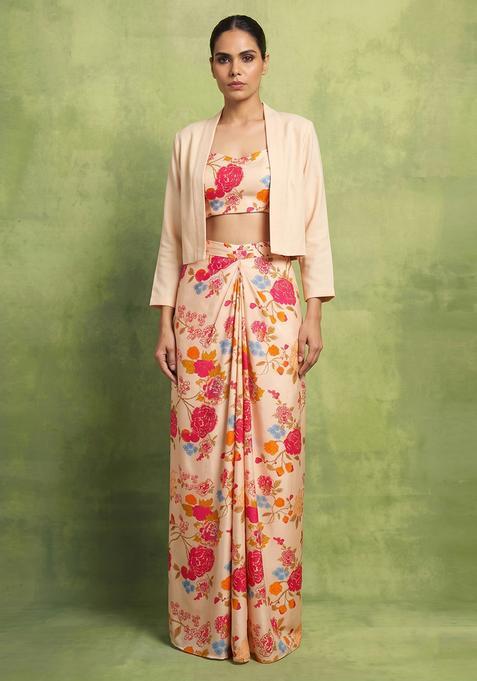 Peach Silk Blend Floral Print Fusion Set