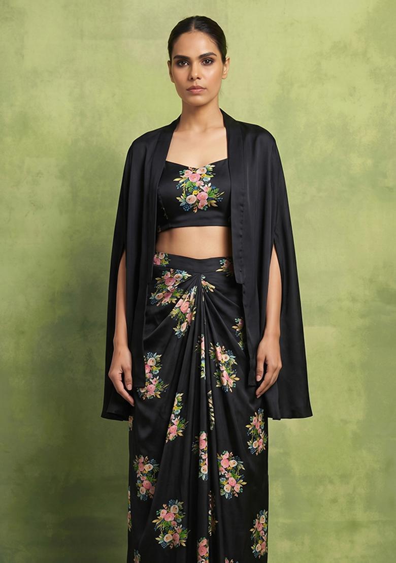 Black Printed Georgette Fusion Set - Indya