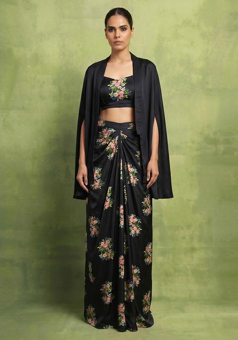Black Silk Blend Floral Print Fusion Set