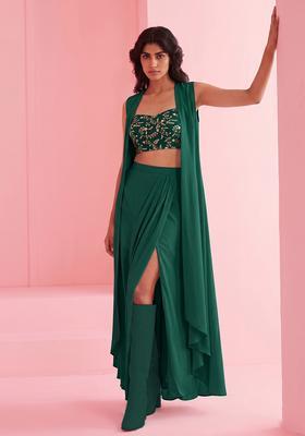 Bottle Green Embroidered Crepe Fusion Set