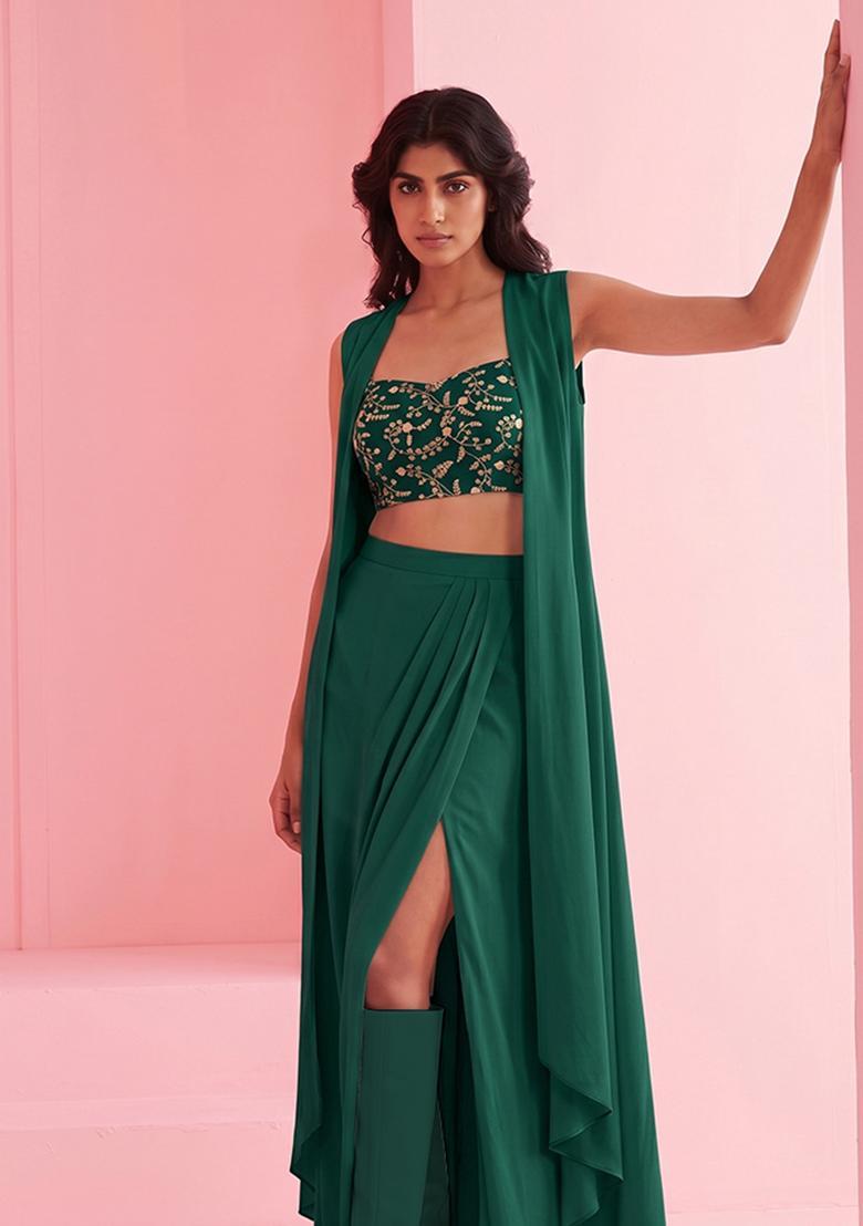 Bottle Green Embroidered Crepe Fusion Set - Indya
