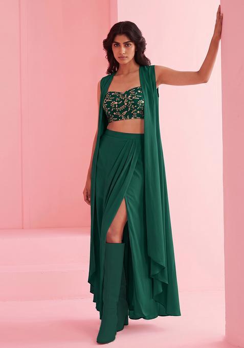 Bottle Green Embroidered Crepe Fusion Set