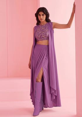 Purple Embroidered Crepe Fusion Set